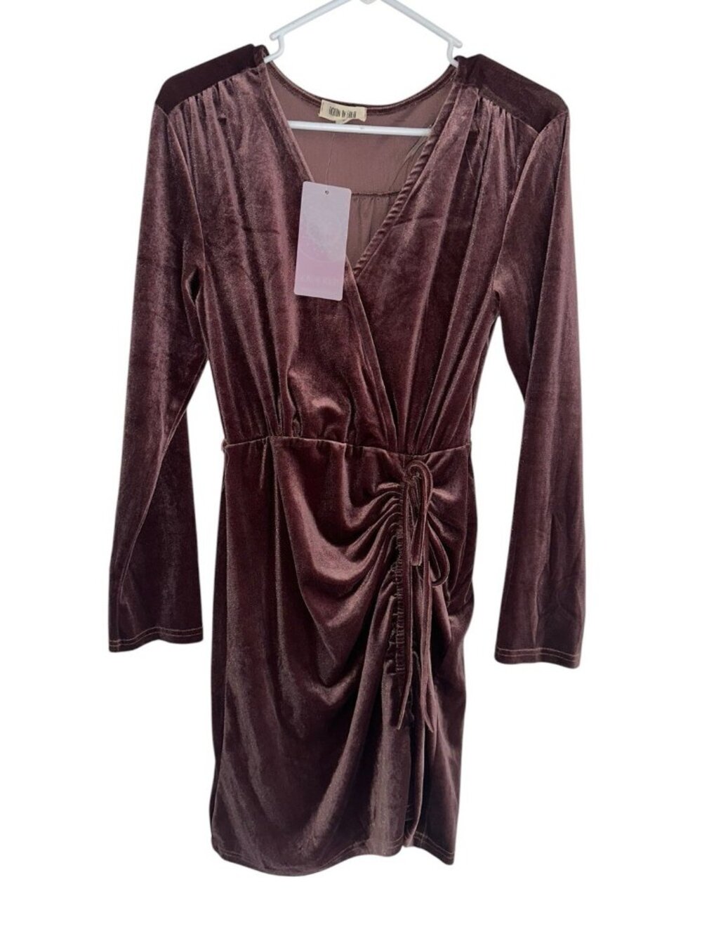 NWT Fashion On Earth Dress Womens S Mauve Purple Velvet Wrap Dress V-Neck Ruched